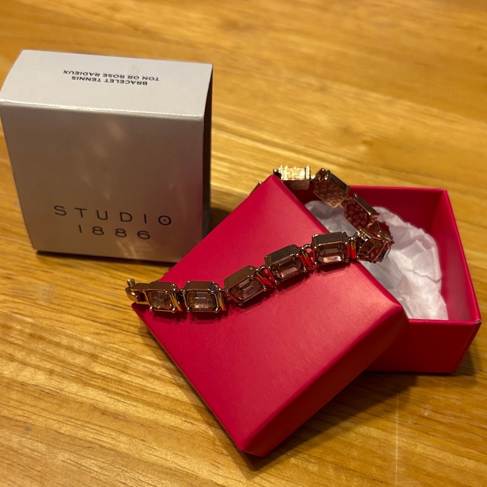 Studio Rose Gold Link Bracelet with Clear Rectangular Crystals. Adjustable